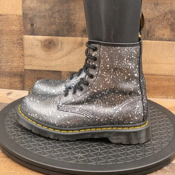 DR MARTENS METALLIC SPLATTER PAINT BOOTS BLACK SILVER COMBAT LACE UP SIZE 7