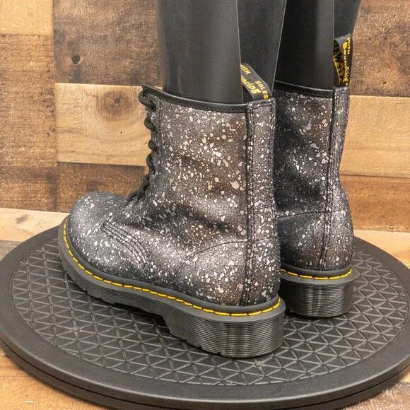 DR MARTENS METALLIC SPLATTER PAINT BOOTS BLACK SILVER COMBAT LACE UP SIZE 7