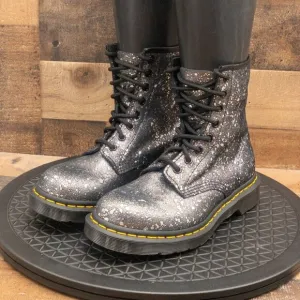 DR MARTENS METALLIC SPLATTER PAINT BOOTS BLACK SILVER COMBAT LACE UP SIZE 7