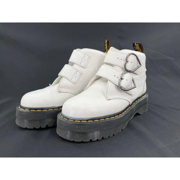 Dr. Martens Womens Devon Heart Leather Platform Boots White Size US 8 UK 6 EU 39
