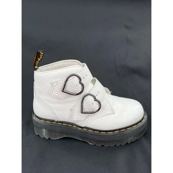 Dr. Martens Womens Devon Heart Leather Platform Boots White Size US 8 UK 6 EU 39