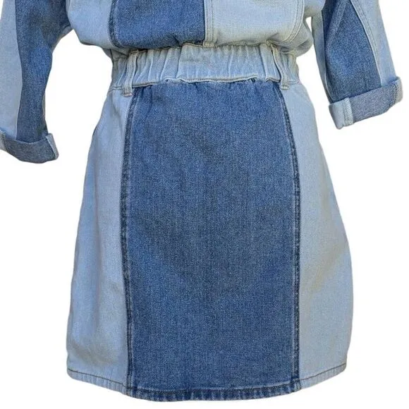 Driftwood Blue Denim Fabric Mini Dress Bianca  Colorblock Button Size M Flatter