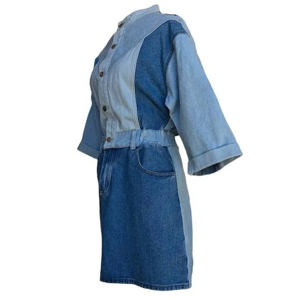 Driftwood Blue Denim Fabric Mini Dress Bianca  Colorblock Button Size M Flatter