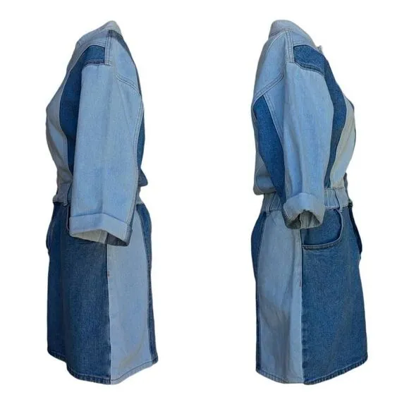 Driftwood Blue Denim Fabric Mini Dress Bianca  Colorblock Button Size M Flatter