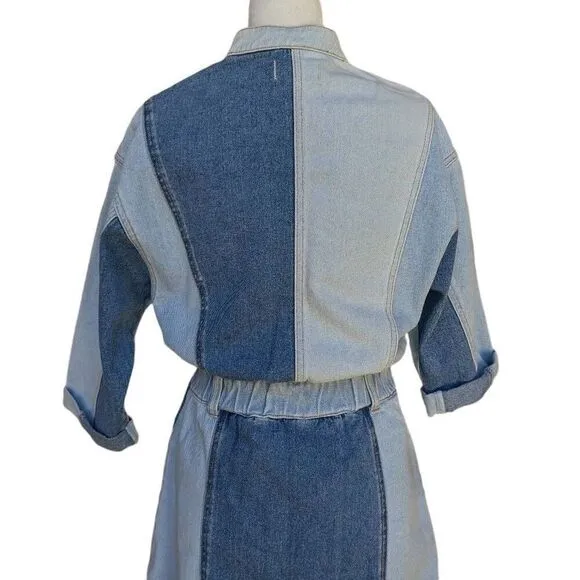 Driftwood Blue Denim Fabric Mini Dress Bianca  Colorblock Button Size M Flatter