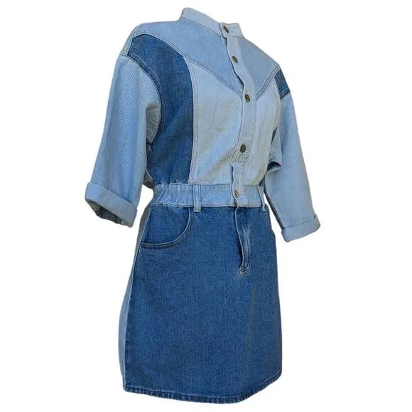Driftwood Blue Denim Fabric Mini Dress Bianca  Colorblock Button Size M Flatter