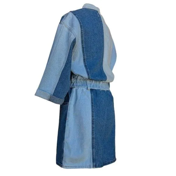 Driftwood Blue Denim Fabric Mini Dress Bianca  Colorblock Button Size M Flatter