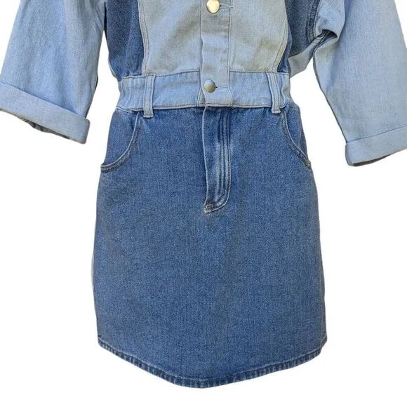 Driftwood Blue Denim Fabric Mini Dress Bianca  Colorblock Button Size M Flatter