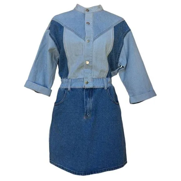 Driftwood Blue Denim Fabric Mini Dress Bianca  Colorblock Button Size M Flatter