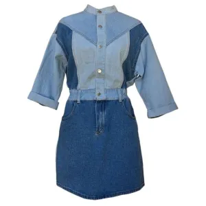 Driftwood Blue Denim Fabric Mini Dress Bianca  Colorblock Button Size M Flatter