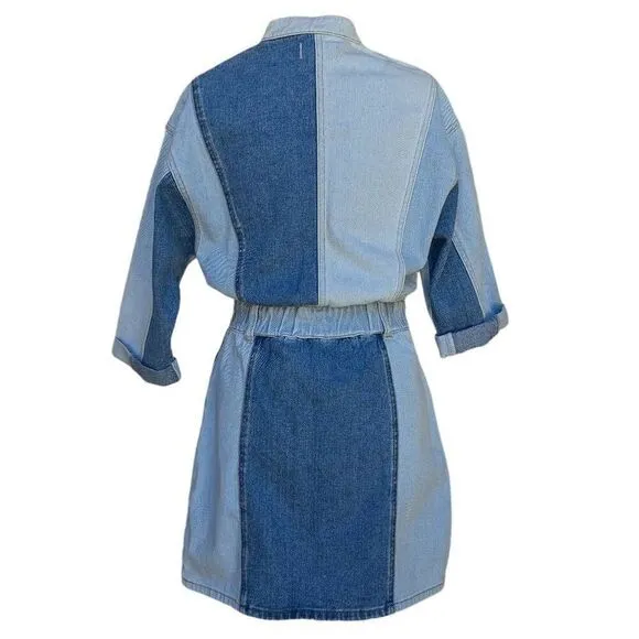 Driftwood Blue Denim Fabric Mini Dress Bianca  Colorblock Button Size M Flatter