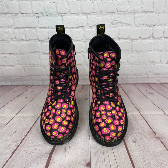 Dr.Martens 1460 Pink Leopard Hydro Leather Lace Up Boots Girls Youth Size 3