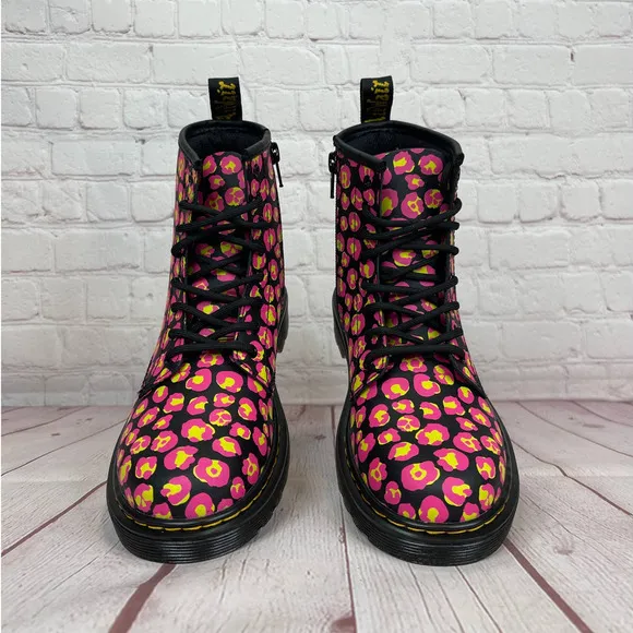 Dr.Martens 1460 Pink Leopard Hydro Leather Lace Up Boots Girls Youth Size 3