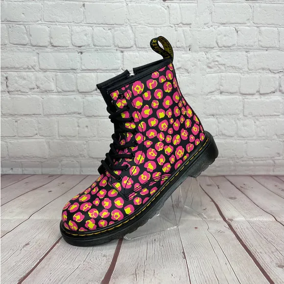 Dr.Martens 1460 Pink Leopard Hydro Leather Lace Up Boots Girls Youth Size 3
