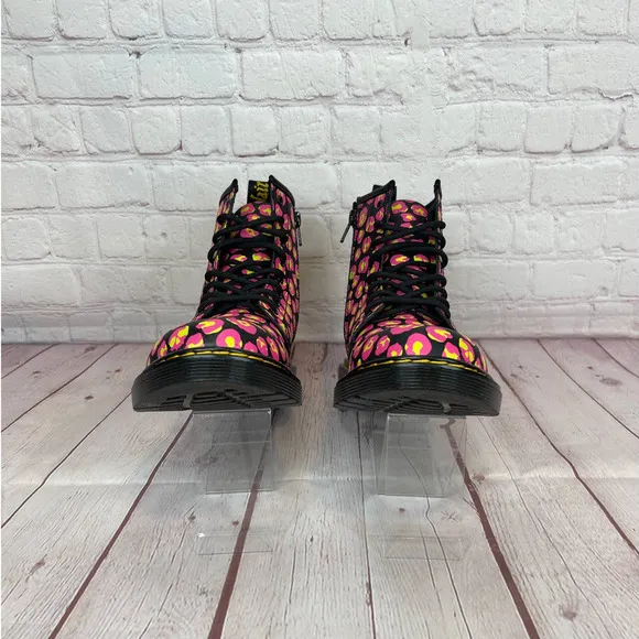 Dr.Martens 1460 Pink Leopard Hydro Leather Lace Up Boots Girls Youth Size 3