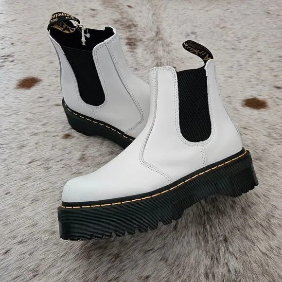 Dr. Martens 2976 Quad Smooth Leather Platform Chelsea Boot in White NEW