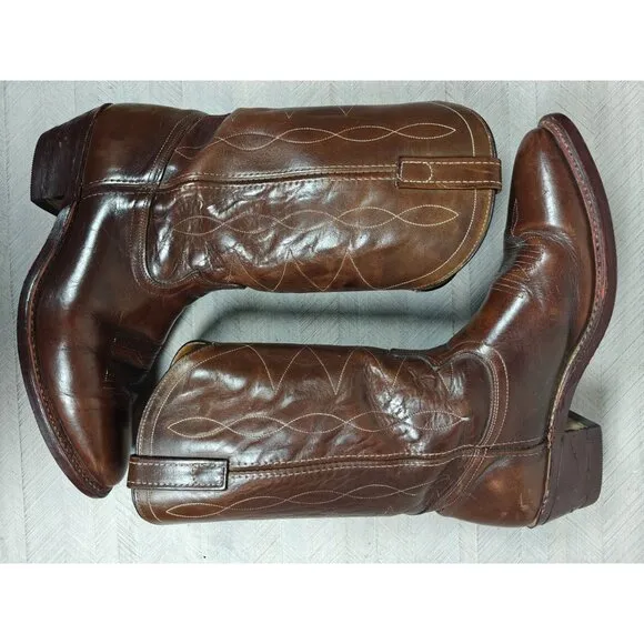 Durango Mens Boots Western Cowboy Brown Leather 10.5D Pull Straps Vintage USA