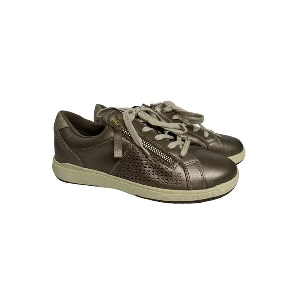 Earth Etta Metallic Gold Leather Comfort Lace Up Perforated Sneakers Shoes SZ 8