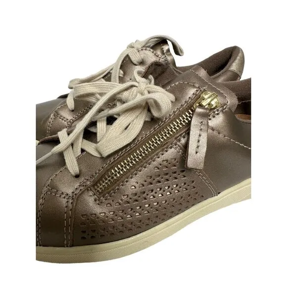 Earth Etta Metallic Gold Leather Comfort Lace Up Perforated Sneakers Shoes SZ 8