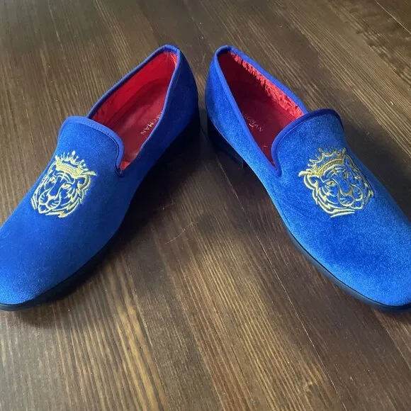 ELANROMAN Loafers Men Velvet Shoes Fashion Embroidered Size 46 (Size 13) Blue