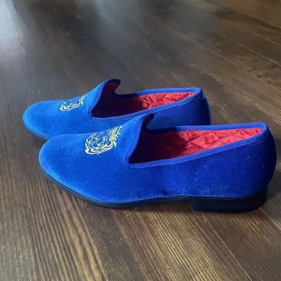ELANROMAN Loafers Men Velvet Shoes Fashion Embroidered Size 46 (Size 13) Blue