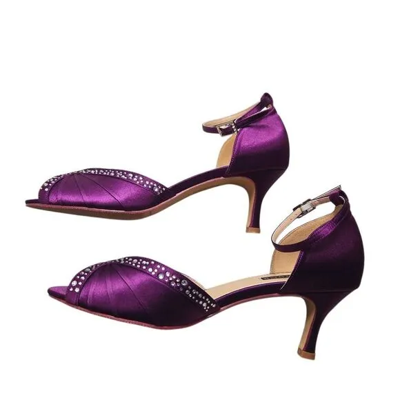 ERIJUNOR Women Comfort Low Heel Ankle Strap Rhinestones Pleat Satin Wedding Even