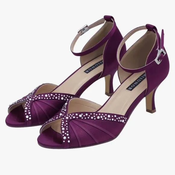 ERIJUNOR Women Comfort Low Heel Ankle Strap Rhinestones Pleat Satin Wedding Even