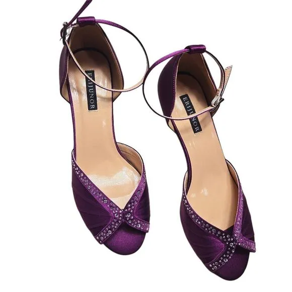 ERIJUNOR Women Comfort Low Heel Ankle Strap Rhinestones Pleat Satin Wedding Even