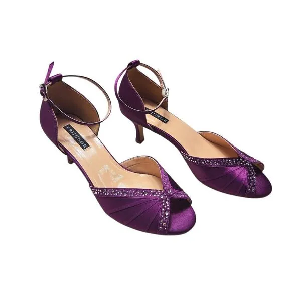 ERIJUNOR Women Comfort Low Heel Ankle Strap Rhinestones Pleat Satin Wedding Even