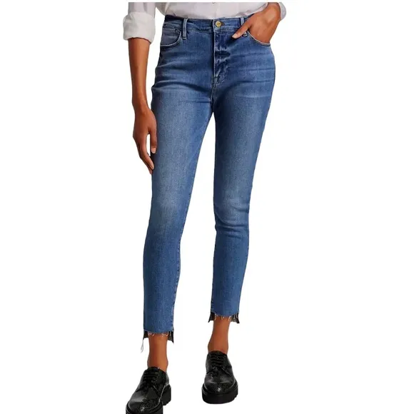 Frame Le High Skinny step hem medium wash jeans