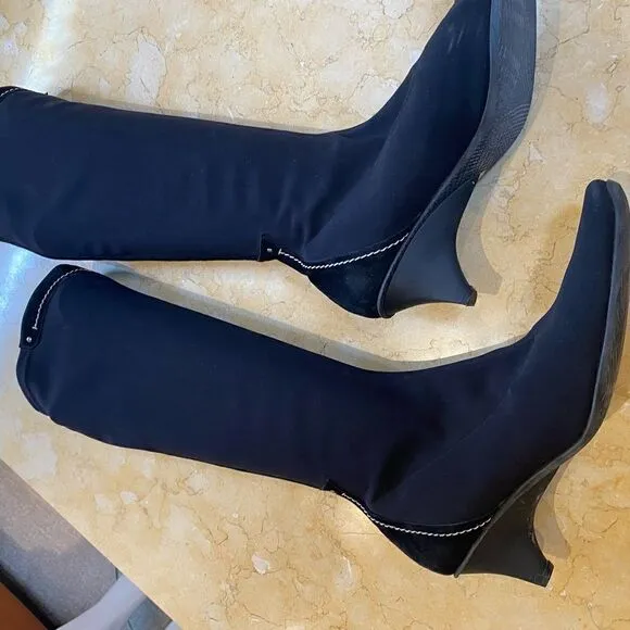 Francis Black Fabric Knee-High Slip on Boots