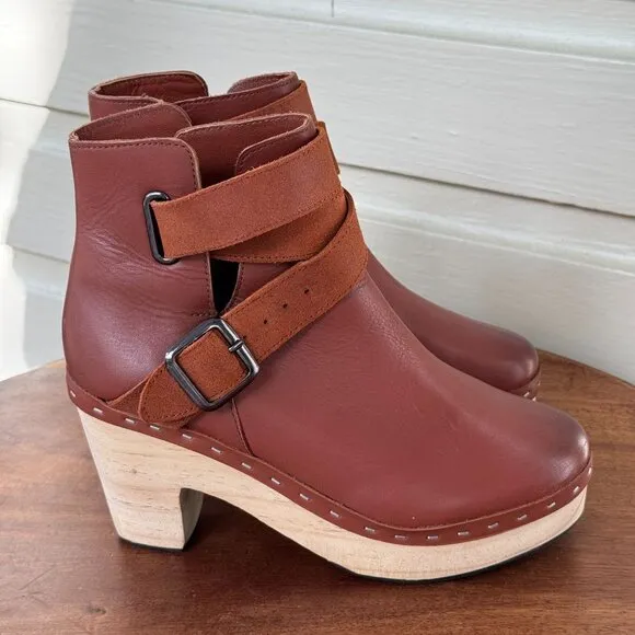 Free People Bungalow Brown Leather Strap Wooden Heel Clog Boots Buckle Detail 7