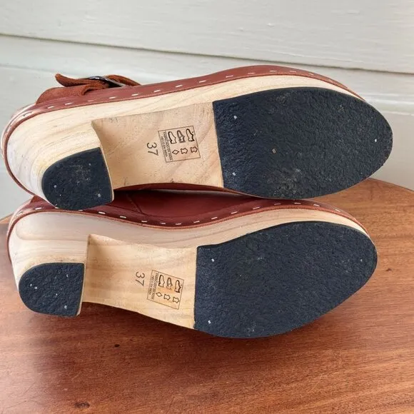 Free People Bungalow Brown Leather Strap Wooden Heel Clog Boots Buckle Detail 7
