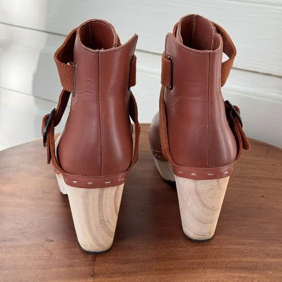 Free People Bungalow Brown Leather Strap Wooden Heel Clog Boots Buckle Detail 7