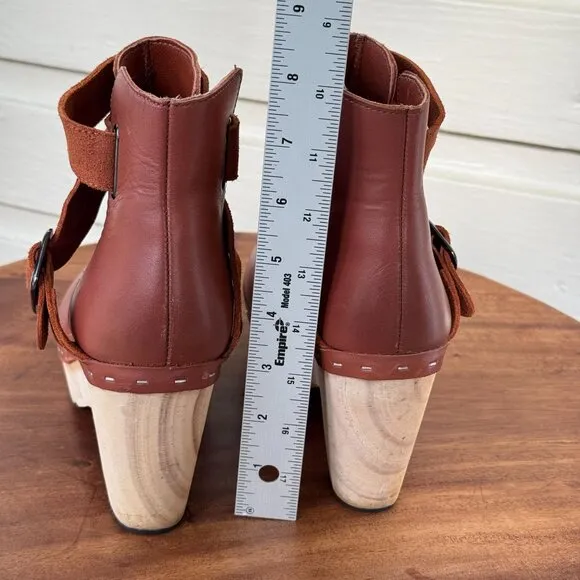 Free People Bungalow Brown Leather Strap Wooden Heel Clog Boots Buckle Detail 7