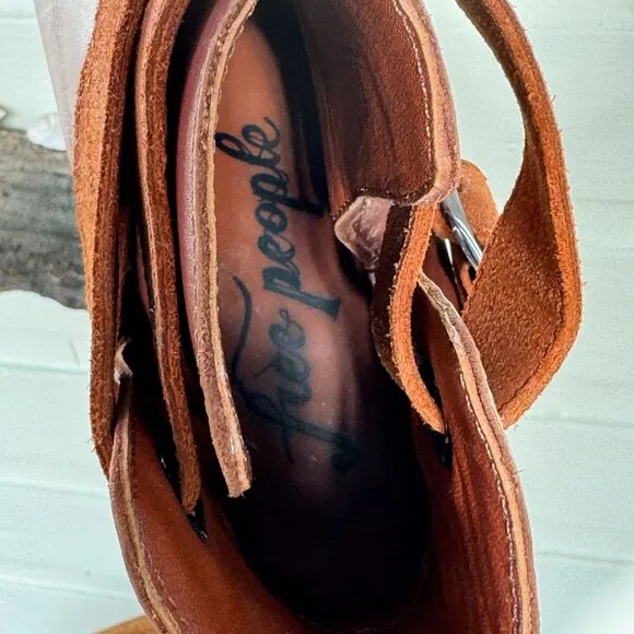 Free People Bungalow Brown Leather Strap Wooden Heel Clog Boots Buckle Detail 7