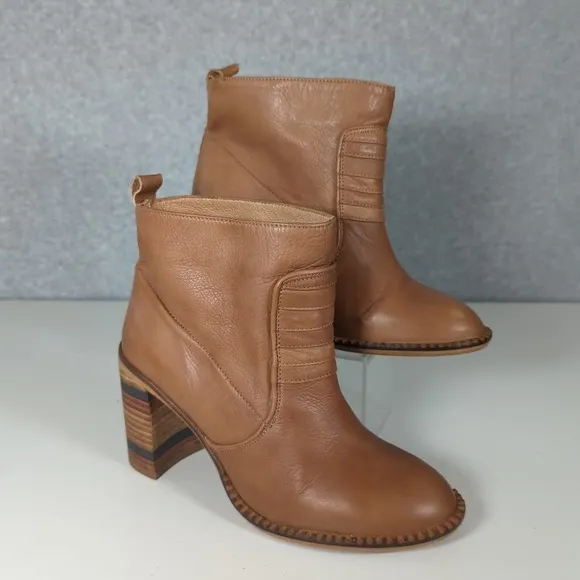 Free people McCall Tan‎ Stack Leather Heel Boots Booties Ankle Boots 6 Tan Boho