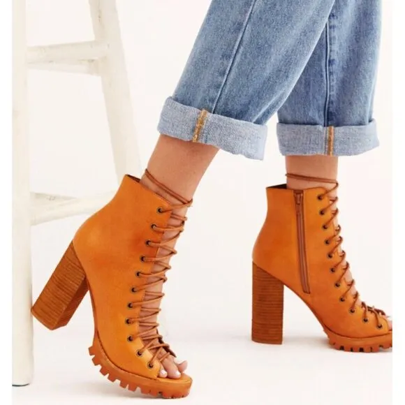 Free People Palermo Heels Ankle Boots Leather Lace-Up Corset Cutouts Booties 7