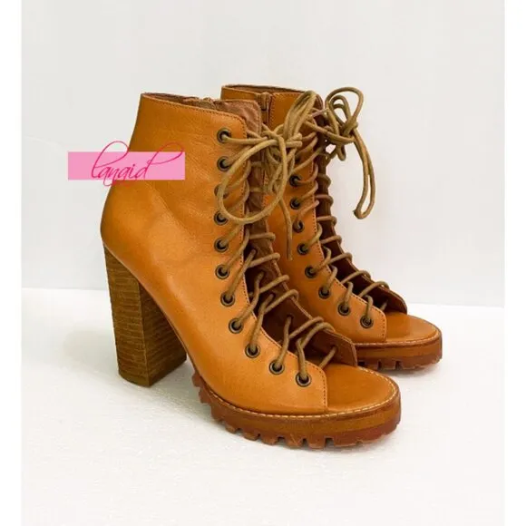 Free People Palermo Heels Ankle Boots Leather Lace-Up Corset Cutouts Booties 7