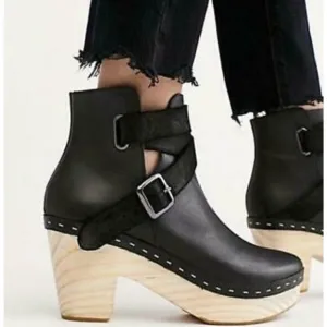 Free People Shoes Women 37 EU 7 US Black Bungalow Clog Leather Booties Platform