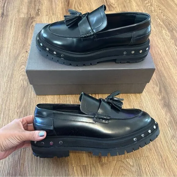 FREE PEOPLE black leather platform vintage loafers slip on shoes women’s 9 new