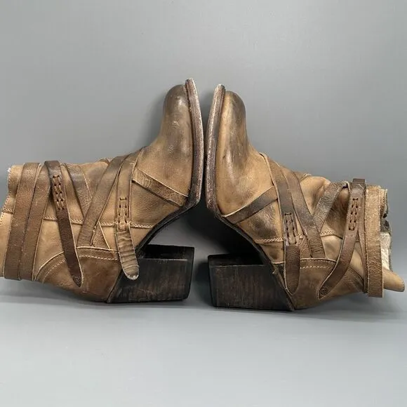 Freebird Gem Womens 6 Brown Tan Zip Leather Ankle Boots Booties Strap Block Heel