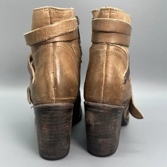 Freebird Gem Womens 6 Brown Tan Zip Leather Ankle Boots Booties Strap Block Heel