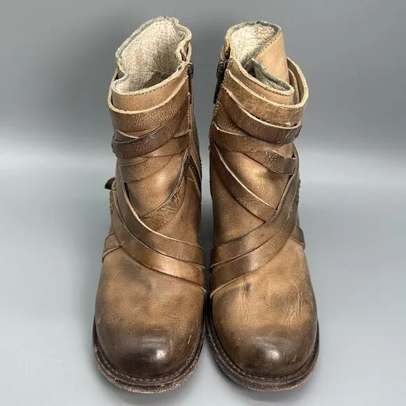 Freebird Gem Womens 6 Brown Tan Zip Leather Ankle Boots Booties Strap Block Heel