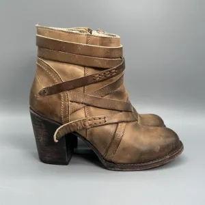 Freebird Gem Womens 6 Brown Tan Zip Leather Ankle Boots Booties Strap Block Heel