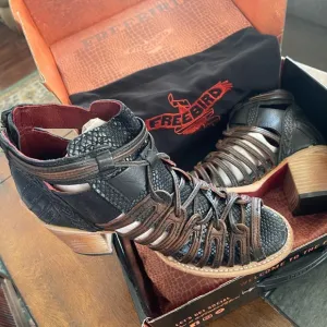 Freebird Women’s Black and Brown Leather Bootie Sandal