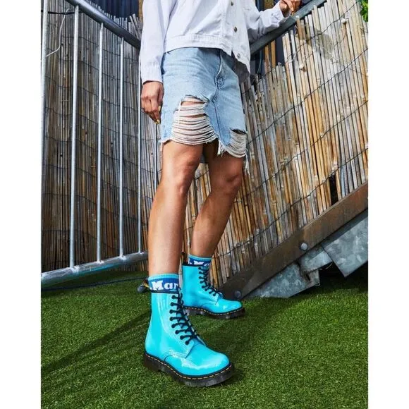 Free People x Dr. Martens 1460 Pascal Patent Leather  Boots Turquoise $140