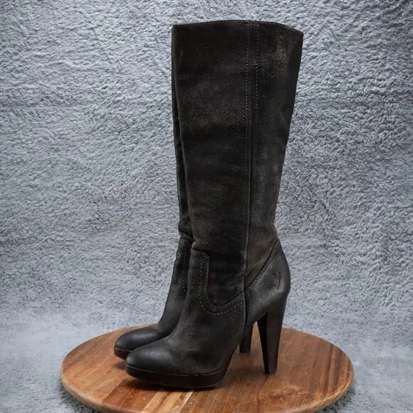 Frye Harlow Campus High Heel Tall Western Boots Women's Sz 6.5M Charcoal Leather