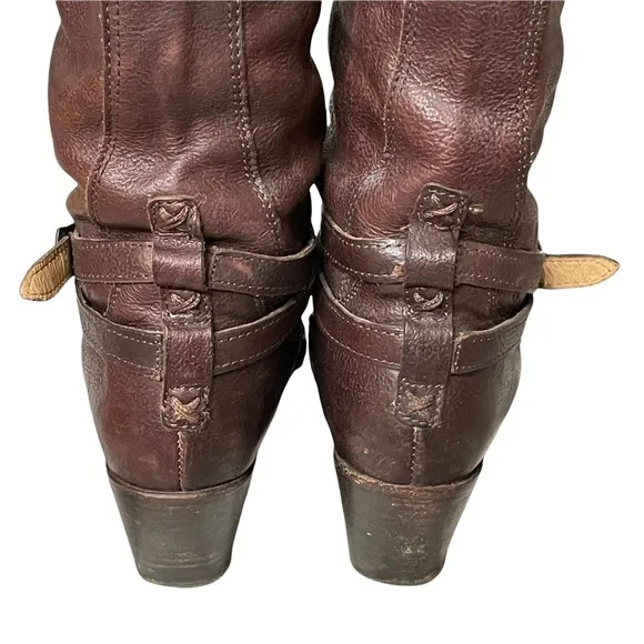 Frye Jane Strappy Dark Brown Knee High Heeled Boots Size 6.5