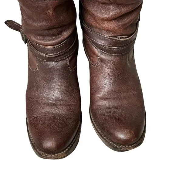 Frye Jane Strappy Dark Brown Knee High Heeled Boots Size 6.5